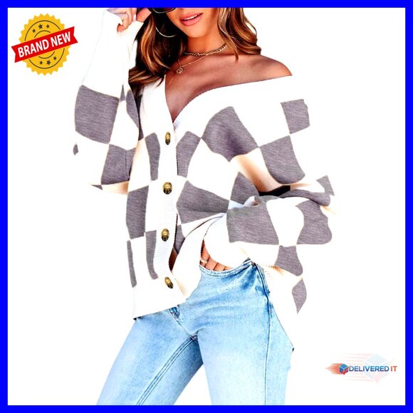 Oversized Cable Knit Cardigan Plaid V Neck Button Down Long Sleeve Sweater